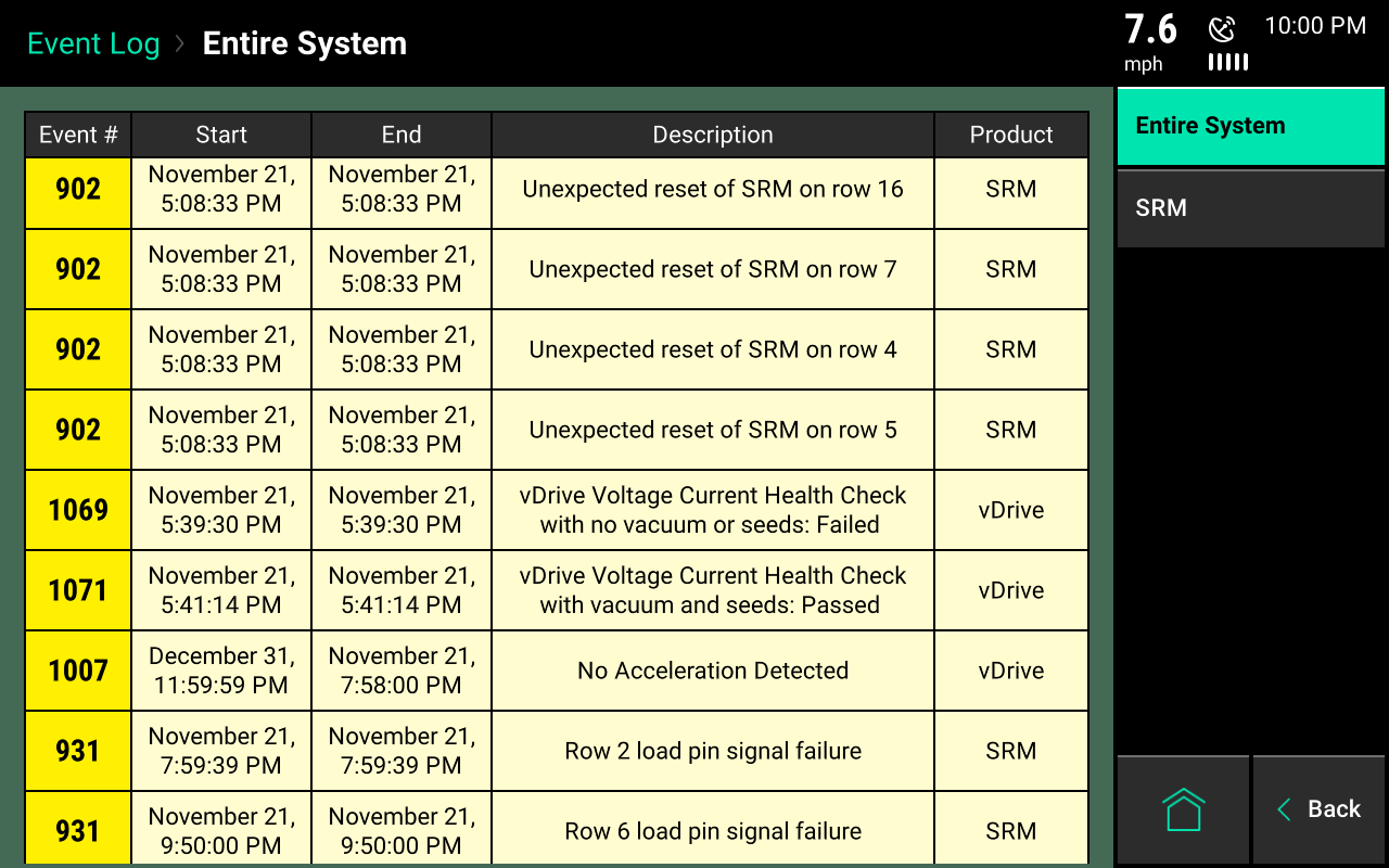 Screen showing event log