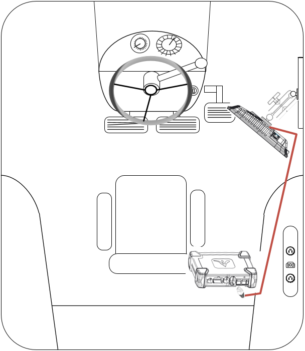 Diagram showing a 20|20 monitor mounted on the front right-hand side of a cab and a Display Base Module mounted in the back right-hand side