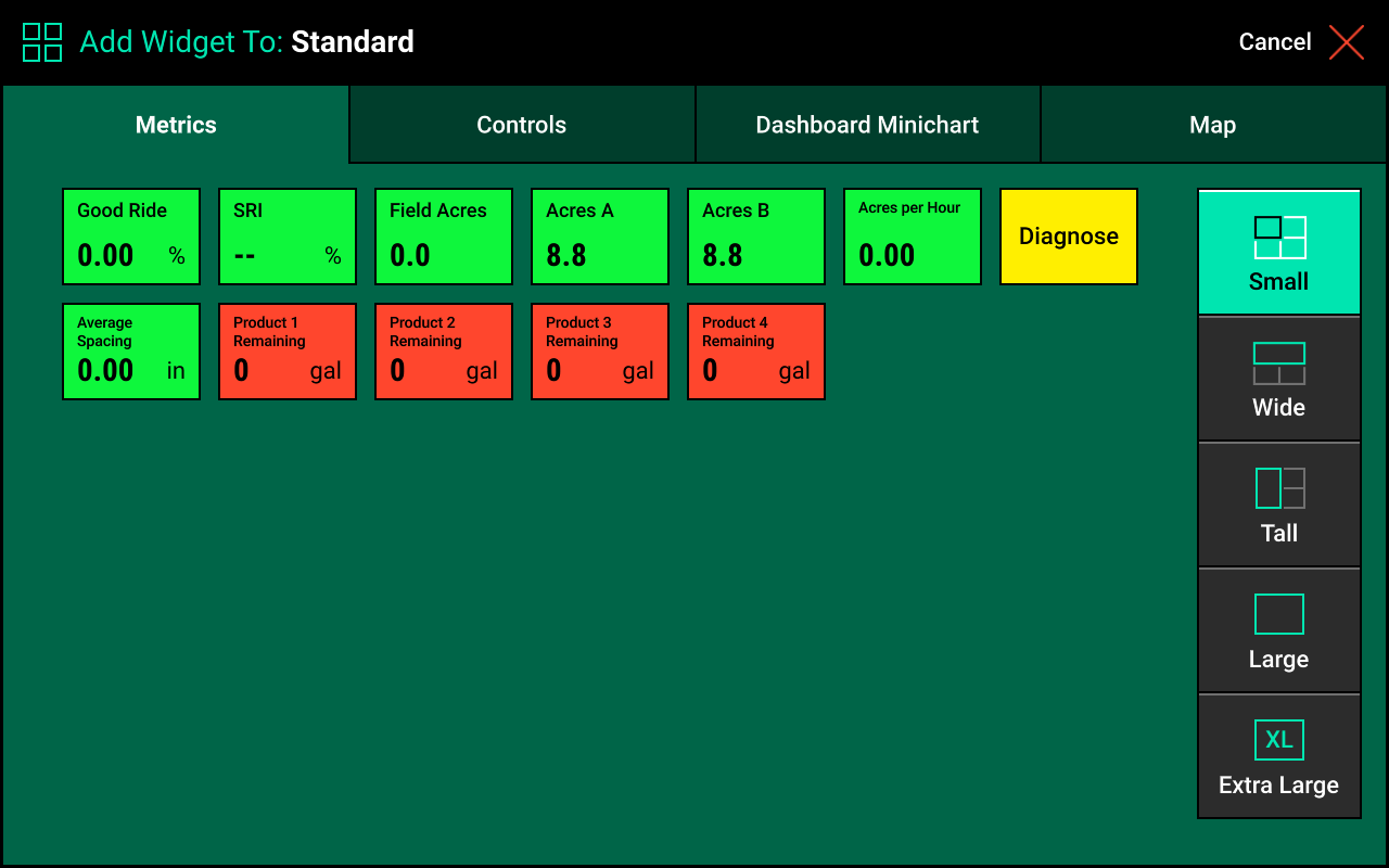 The screen when adding a Metrics widget