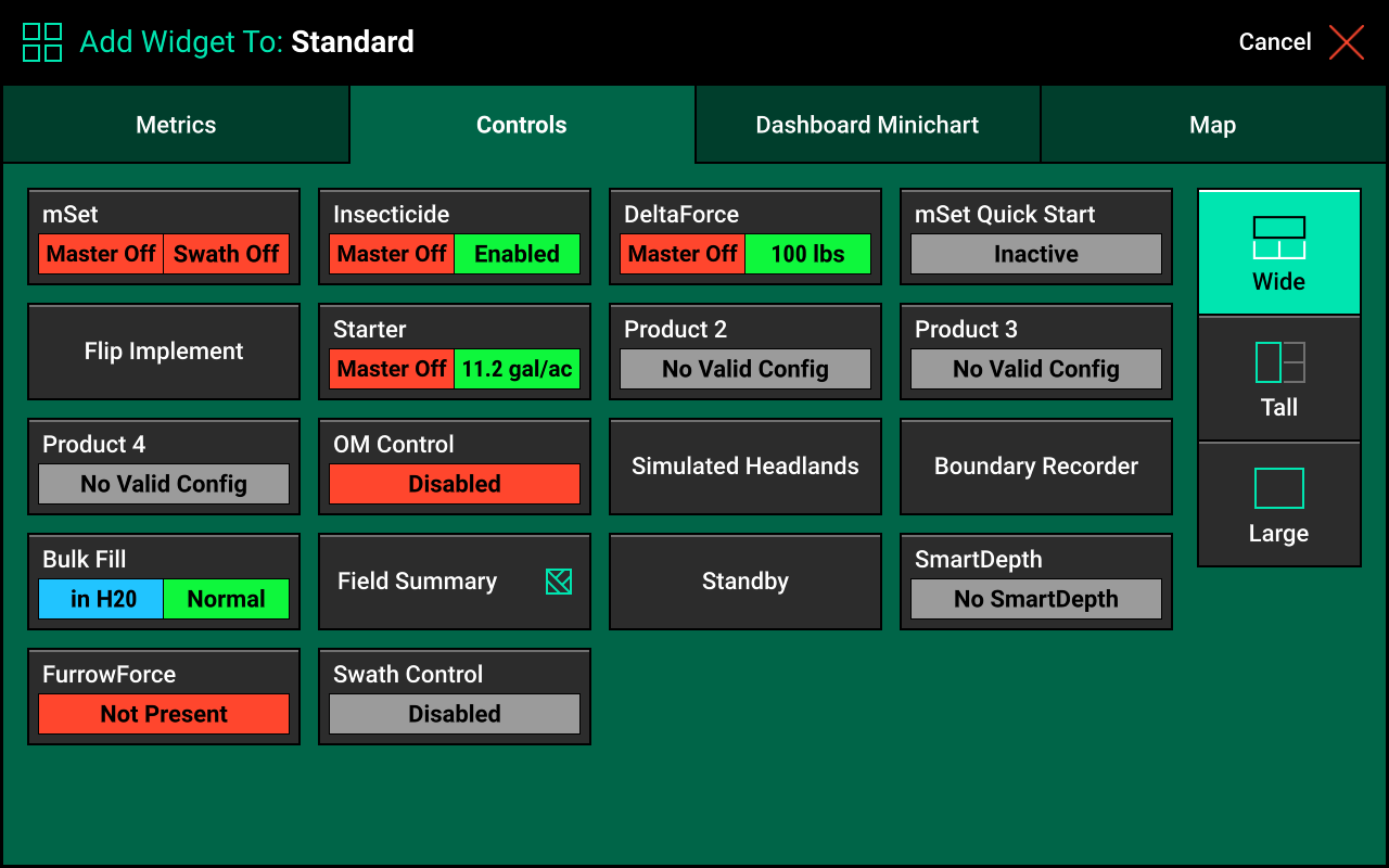 Screen showing widget sizes