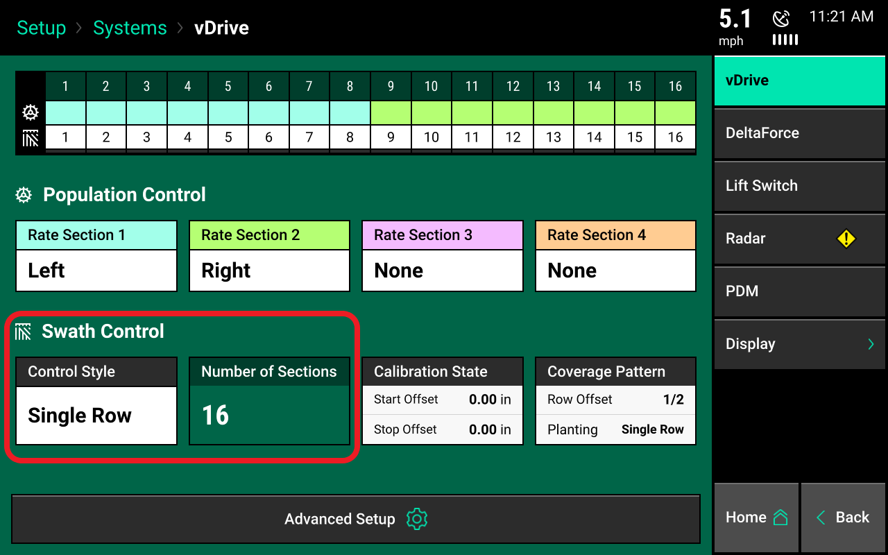 rate section setup screen