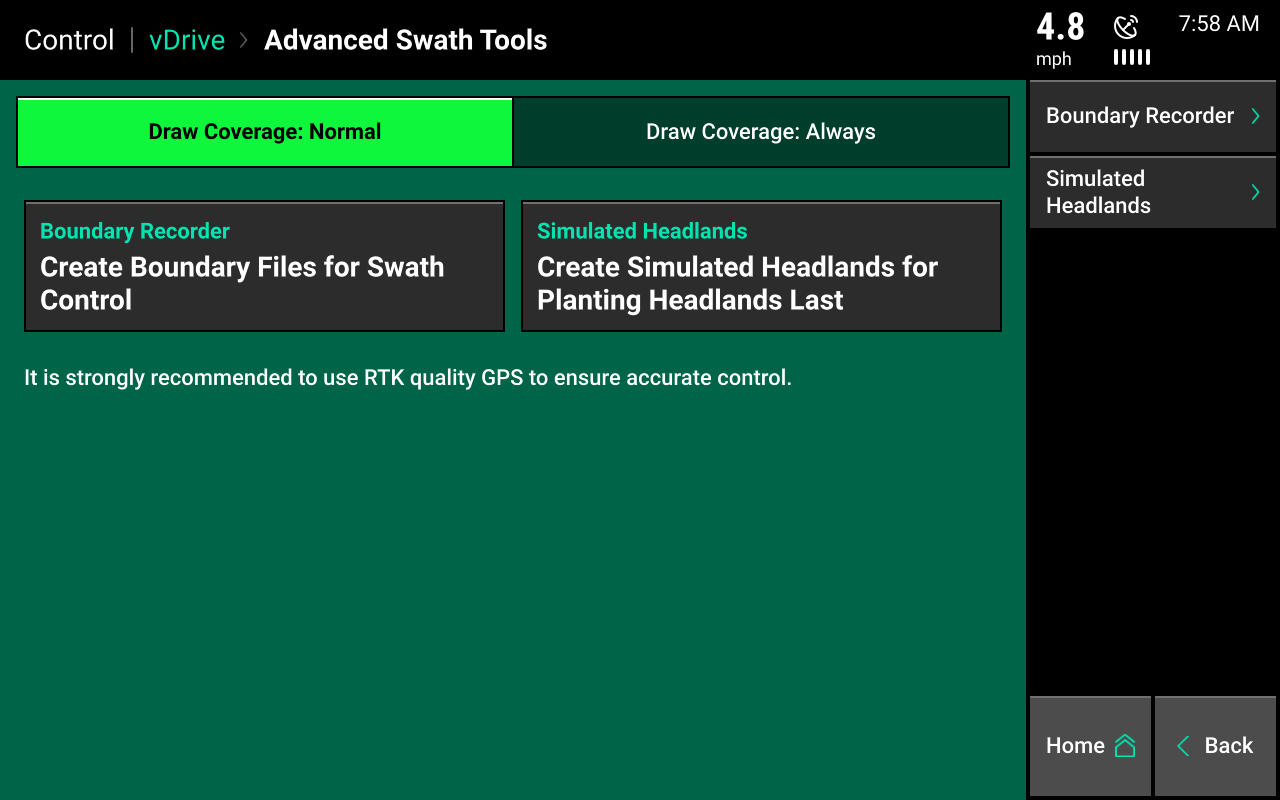 advanced swath tools screen