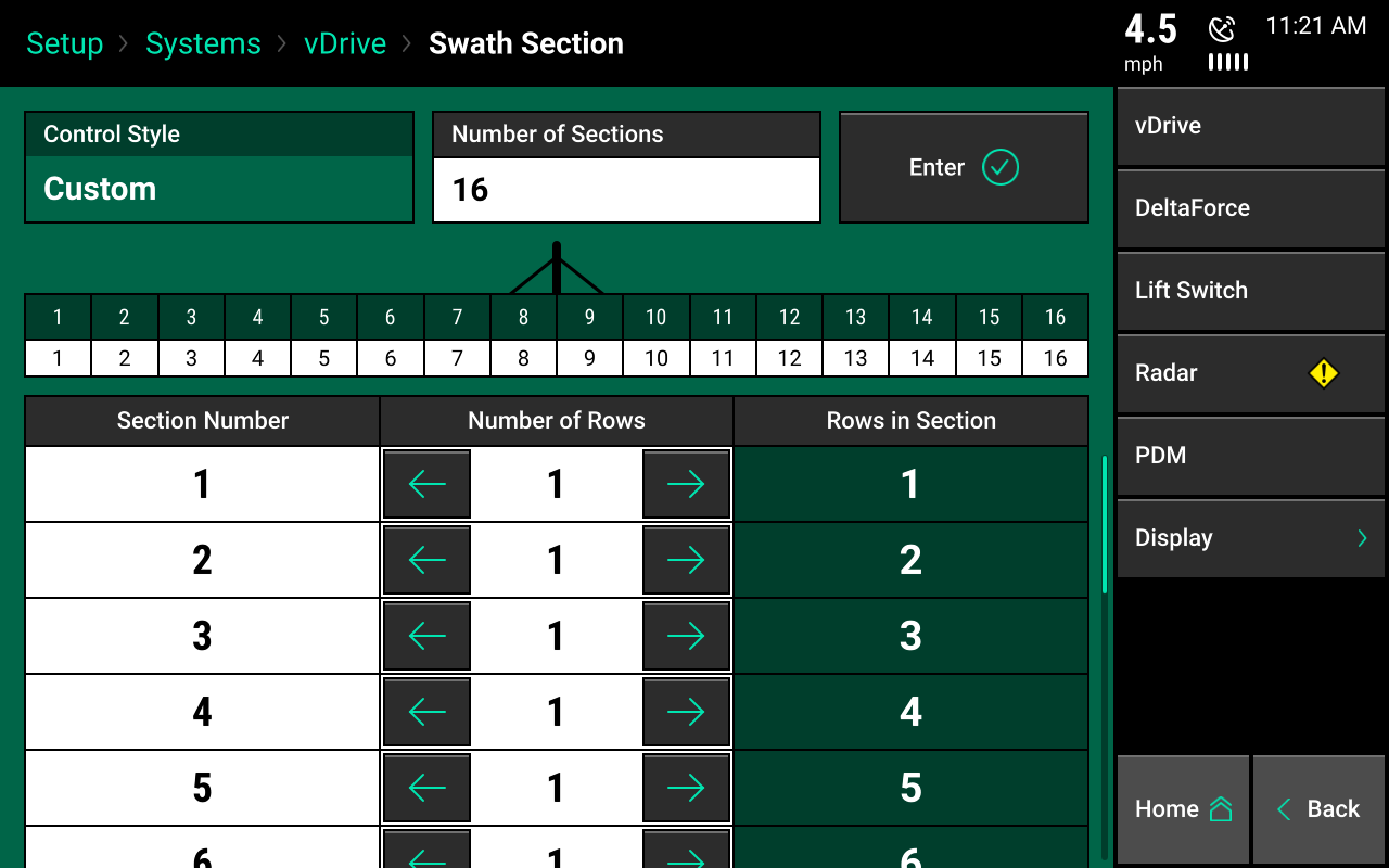 custom swath setup screen